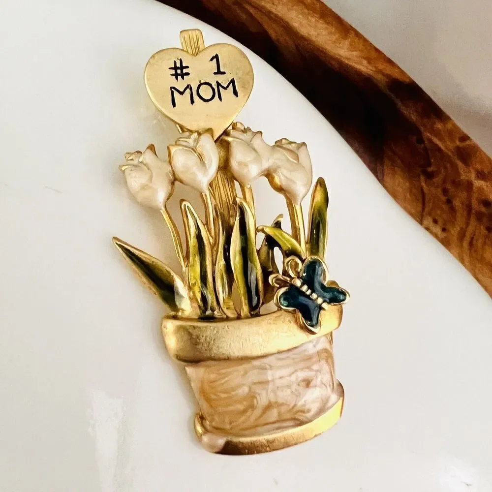 Vintage Nr. #1 MOM Enamel Gold Brooch Tulips Butterfly Planter Enamel Gift 4121